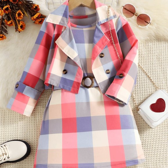 GIRLS PLAID JACKET AND SLEEVELESS DRESS SET - Picture 6 of 6